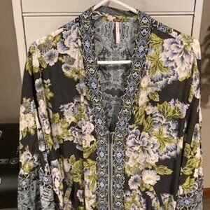Free People - Blue & Green Wild Flower - Cinched Kimono Zipper Front Top